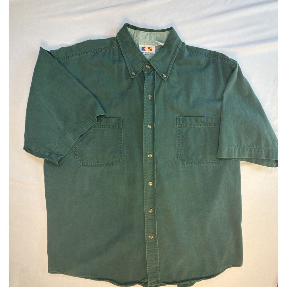 VTG Castaways Mens L Casual Green Cotton Twill Pocket Shirt Rugged Sun Washed